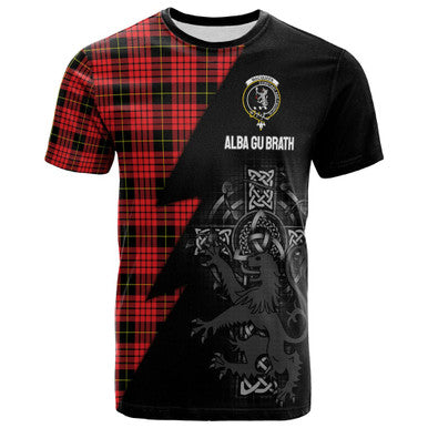 Scottish MacQueen Clan Crest Tartan T-Shirt - Lion Rampant Celtic Cross Flash Style Front Side Tartan Plaid