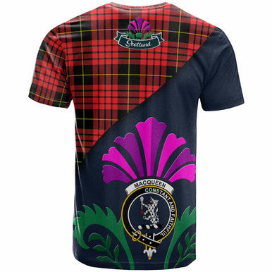 Scottish MacQueen Clan Crest Tartan T-Shirt - Scotland Thistle Style Back Side Tartan Plaid