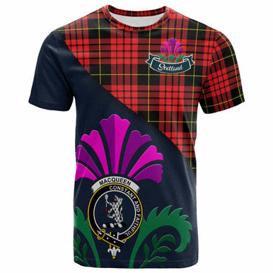 Scottish MacQueen Clan Crest Tartan T-Shirt - Scotland Thistle Style Front Side Tartan Plaid
