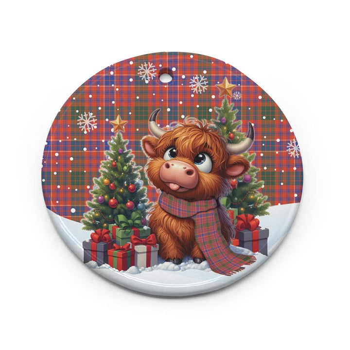 Scottish MacRae Ancient Clan Tartan Ceramic Ornament Cute Highland Cow Christmas Circle Style Tartan Plaid