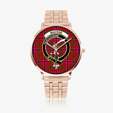 Scottish MacRae Clan Crest Tartan Instafamous Steel Quartz Watches Tartan Plaid Rose Gold 1