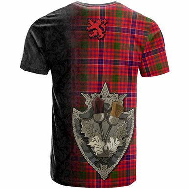 Scottish MacRae Clan Crest Tartan T-Shirt - Half Thistle Flowers Celtic Design Back Side Tartan Plaid