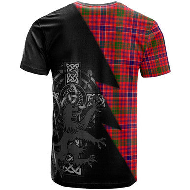 Scottish MacRae Clan Crest Tartan T-Shirt - Lion Rampant Celtic Cross Flash Style Back Side Tartan Plaid