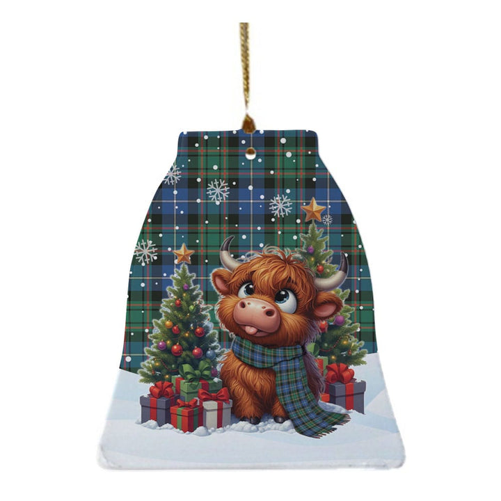 Scottish MacRae Hunting Ancient Clan Tartan Ceramic Ornament Cute Highland Cow Christmas Bell Style Tartan Plaid