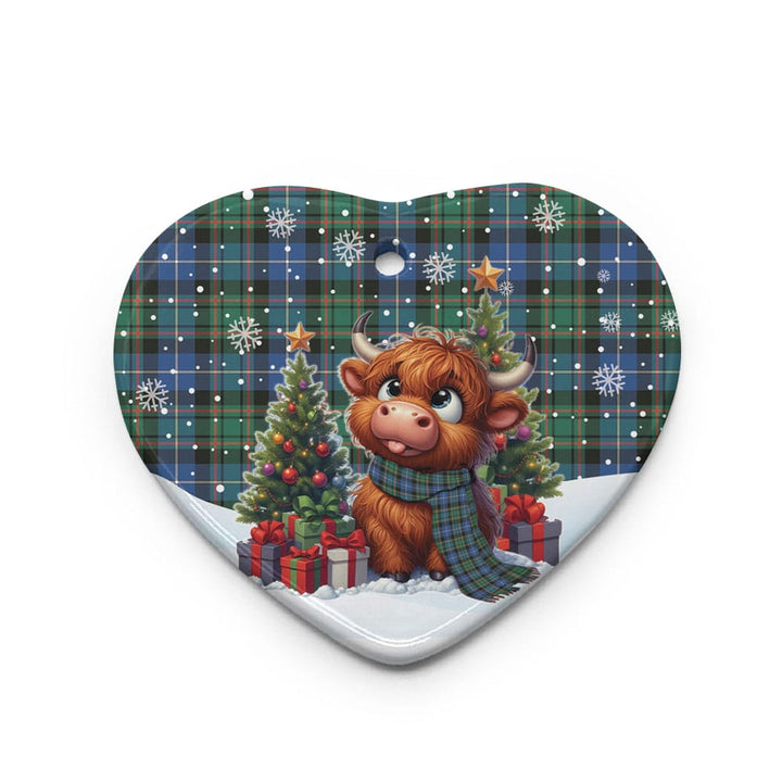 Scottish MacRae Hunting Ancient Clan Tartan Ceramic Ornament Cute Highland Cow Christmas Heart Style Tartan Plaid