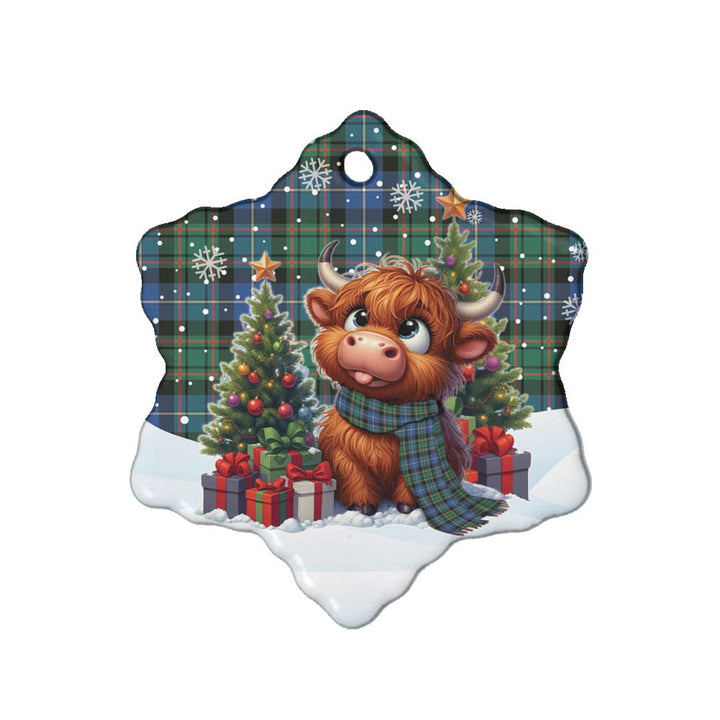Scottish MacRae Hunting Ancient Clan Tartan Ceramic Ornament Cute Highland Cow Christmas Snow Flake Style Tartan Plaid