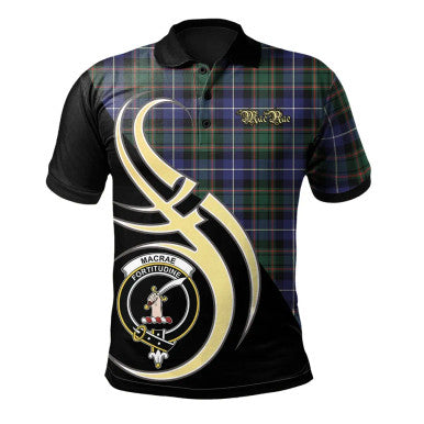 Scottish MacRae Hunting Modern Clan Crest Tartan Polo Shirt Believe in Me Front Side Tartan Plaid