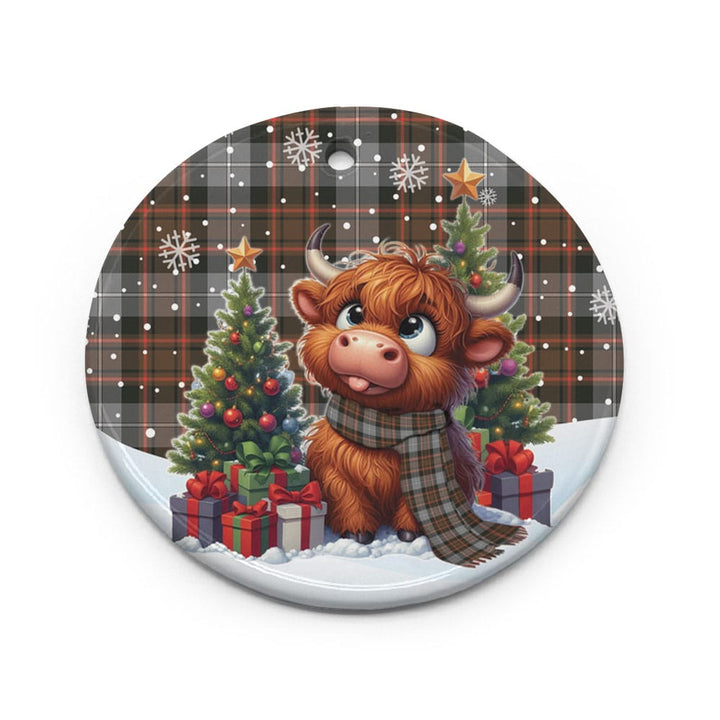 Scottish MacRae Hunting Weathered Clan Tartan Ceramic Ornament Cute Highland Cow Christmas Circle Style Tartan Plaid