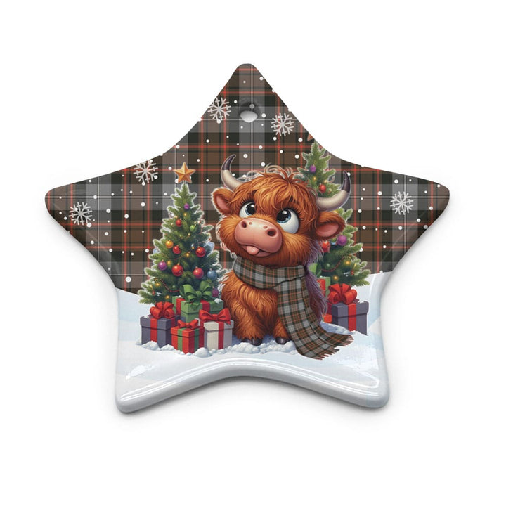 Scottish MacRae Hunting Weathered Clan Tartan Ceramic Ornament Cute Highland Cow Christmas Star Style Tartan Plaid