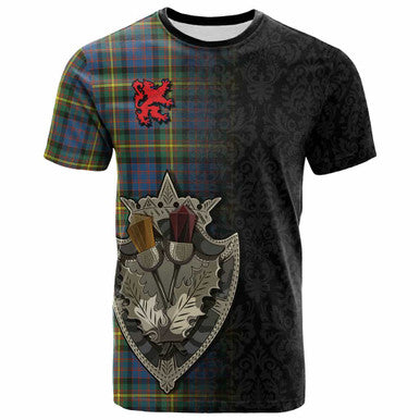 Scottish MacSporran Ancient Clan Tartan T-Shirt - Half Thistle Flowers Celtic Design Front Side Tartan Plaid