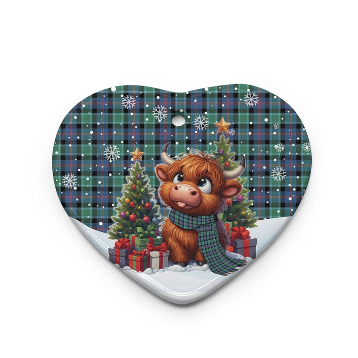Scottish MacTaggart Ancient Clan Tartan Ceramic Ornament Cute Highland Cow Christmas Heart Style Tartan Plaid