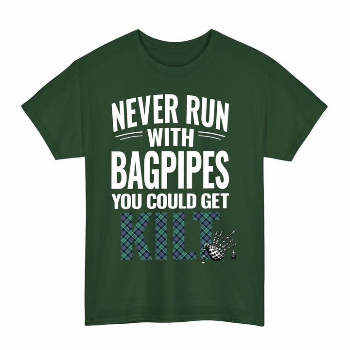 Scottish MacTaggart Ancient Clan Tartan Never Run With Bagpipes T-Shirt Tartan Plaid Forest Green Color