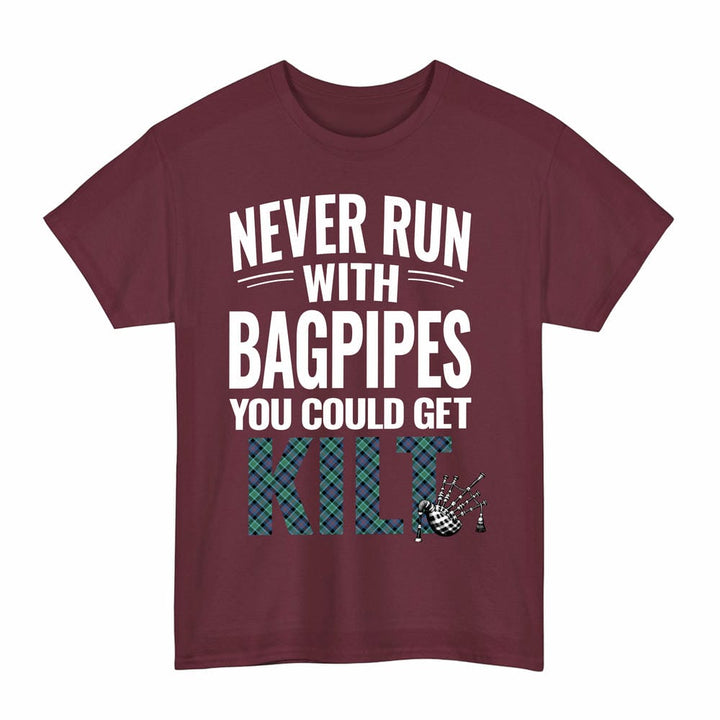 Scottish MacTaggart Ancient Clan Tartan Never Run With Bagpipes T-Shirt Tartan Plaid Maroon Color