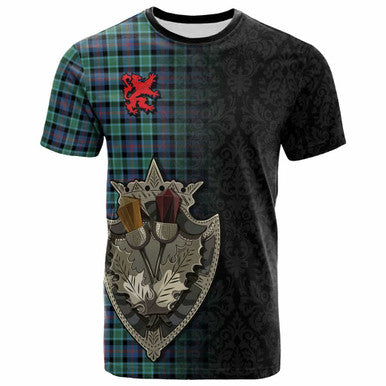 Scottish MacTaggart Ancient Clan Tartan T-Shirt - Half Thistle Flowers Celtic Design Front Side Tartan Plaid
