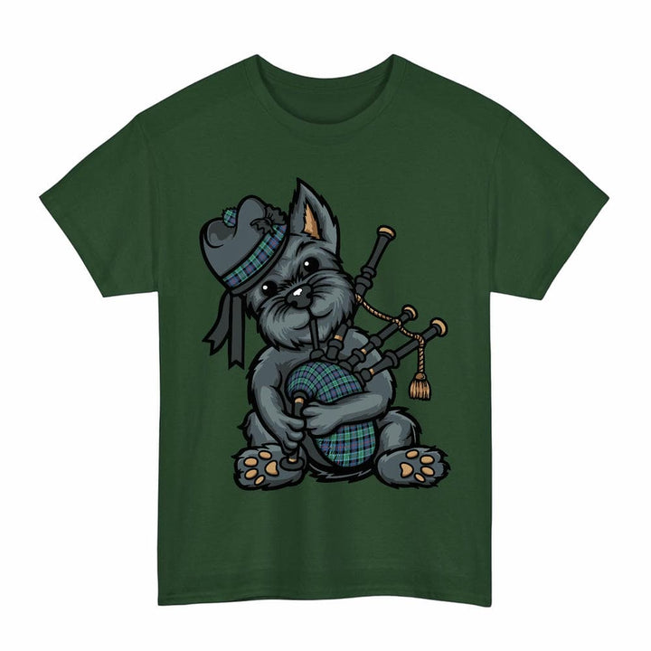 Scottish MacTaggart Ancient Clan Tartan Terrier Bagpipes T-Shirt Tartan Plaid Forest Green Color