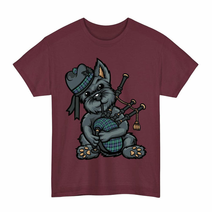 Scottish MacTaggart Ancient Clan Tartan Terrier Bagpipes T-Shirt Tartan Plaid Maroon Color