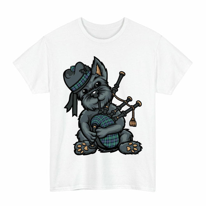 Scottish MacTaggart Ancient Clan Tartan Terrier Bagpipes T-Shirt Tartan Plaid White Color