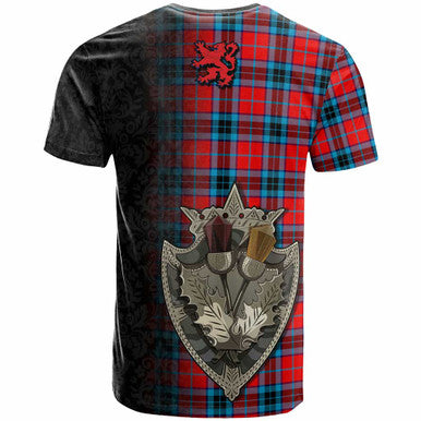 Scottish MacTavish Clan Crest Tartan T-Shirt - Half Thistle Flowers Celtic Design Back Side Tartan Plaid