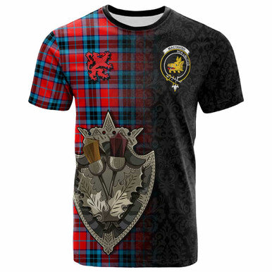 Scottish MacTavish Clan Crest Tartan T-Shirt - Half Thistle Flowers Celtic Design Front Side Tartan Plaid