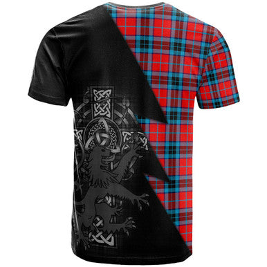Scottish MacTavish Clan Crest Tartan T-Shirt - Lion Rampant Celtic Cross Flash Style Back Side Tartan Plaid