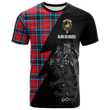 Scottish MacTavish Clan Crest Tartan T-Shirt - Lion Rampant Celtic Cross Flash Style Front Side Tartan Plaid