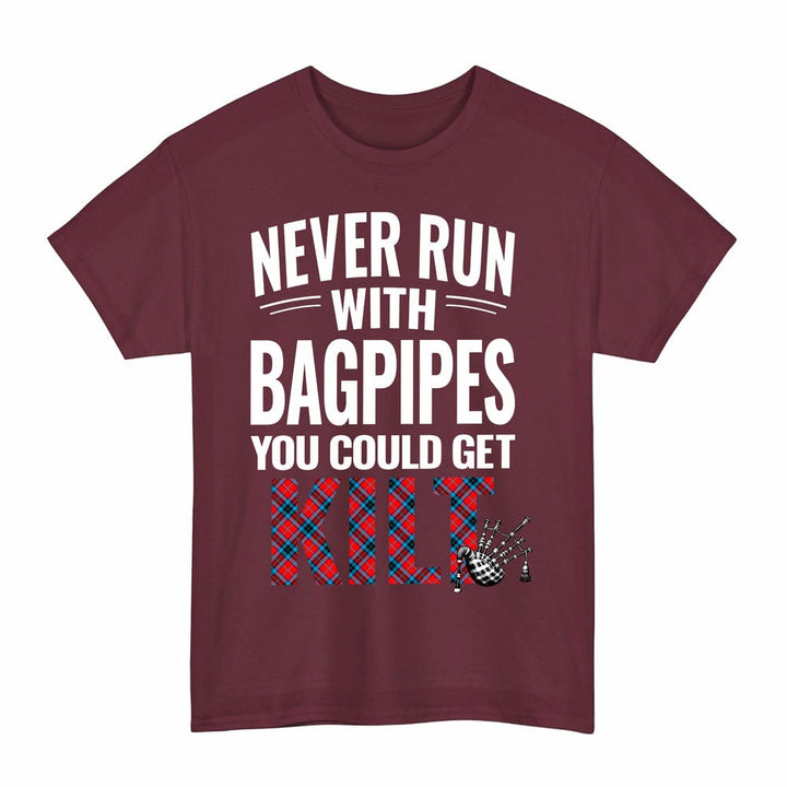 Scottish MacTavish Modern Clan Tartan Never Run With Bagpipes T-Shirt Tartan Plaid Maroon Color