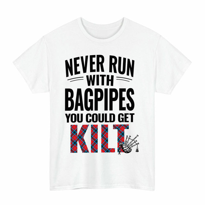 Scottish MacTavish Modern Clan Tartan Never Run With Bagpipes T-Shirt Tartan Plaid White Color