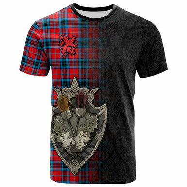 Scottish MacTavish Modern Clan Tartan T-Shirt - Half Thistle Flowers Celtic Design Front Side Tartan Plaid
