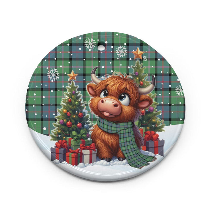 Scottish MacThomas Ancient Clan Tartan Ceramic Ornament Cute Highland Cow Christmas Circle Style Tartan Plaid