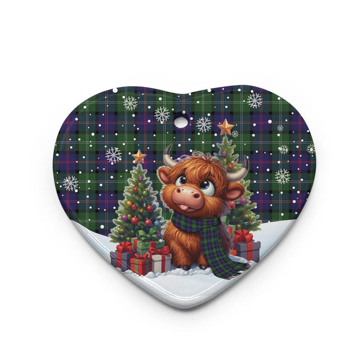 Scottish MacThomas Modern Clan Tartan Ceramic Ornament Cute Highland Cow Christmas Heart Style Tartan Plaid