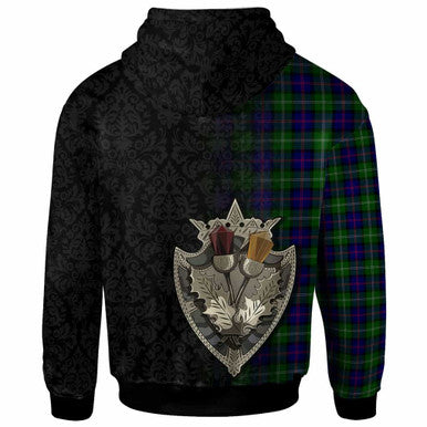 Scottish MacThomas Modern Clan Tartan Hoodie - Half Thistle Flowers Celtic Design Back Side Tartan Plaid