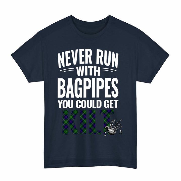 Scottish MacThomas Modern Clan Tartan Never Run With Bagpipes T-Shirt Tartan Plaid Navy Color
