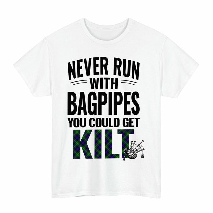 Scottish MacThomas Modern Clan Tartan Never Run With Bagpipes T-Shirt Tartan Plaid White Color