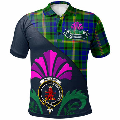 Scottish Maitland Clan Crest Tartan Polo Shirt - Scotland Thistle Style Front Side Tartan Plaid