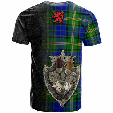 Scottish Maitland Clan Crest Tartan T-Shirt - Half Thistle Flowers Celtic Design Back Side Tartan Plaid