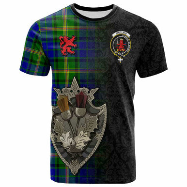 Scottish Maitland Clan Crest Tartan T-Shirt - Half Thistle Flowers Celtic Design Front Side Tartan Plaid