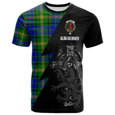 Scottish Maitland Clan Crest Tartan T-Shirt - Lion Rampant Celtic Cross Flash Style Front Side Tartan Plaid