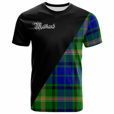Scottish Maitland Clan Crest Tartan T-Shirt - Military Logo Front Side Tartan Plaid