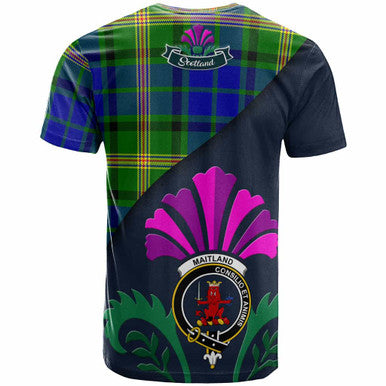 Scottish Maitland Clan Crest Tartan T-Shirt - Scotland Thistle Style Back Side Tartan Plaid