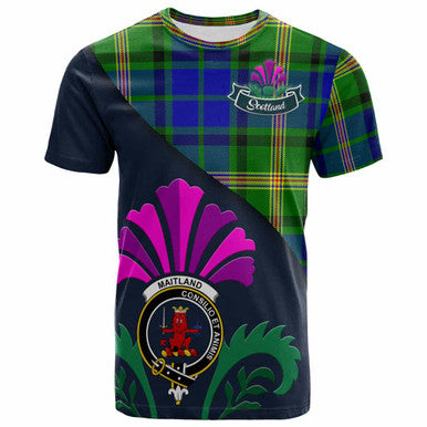 Scottish Maitland Clan Crest Tartan T-Shirt - Scotland Thistle Style Front Side Tartan Plaid