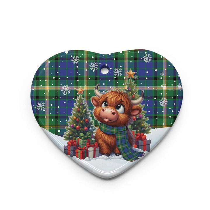 Scottish Maitland Clan Tartan Ceramic Ornament Cute Highland Cow Christmas Heart Style Tartan Plaid