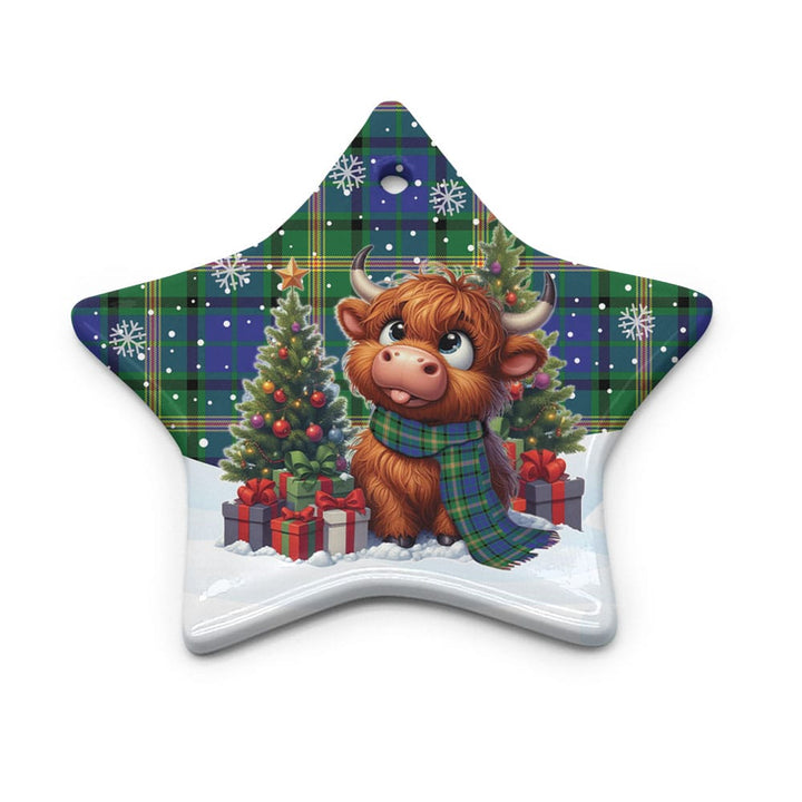 Scottish Maitland Clan Tartan Ceramic Ornament Cute Highland Cow Christmas Star Style Tartan Plaid