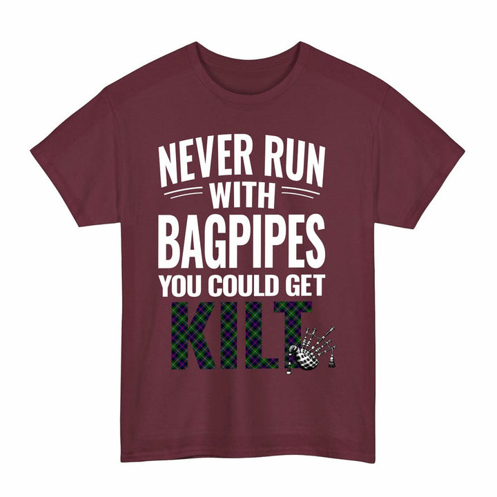 Scottish Malcolm Modern Clan Tartan Never Run With Bagpipes T-Shirt Tartan Plaid Maroon Color