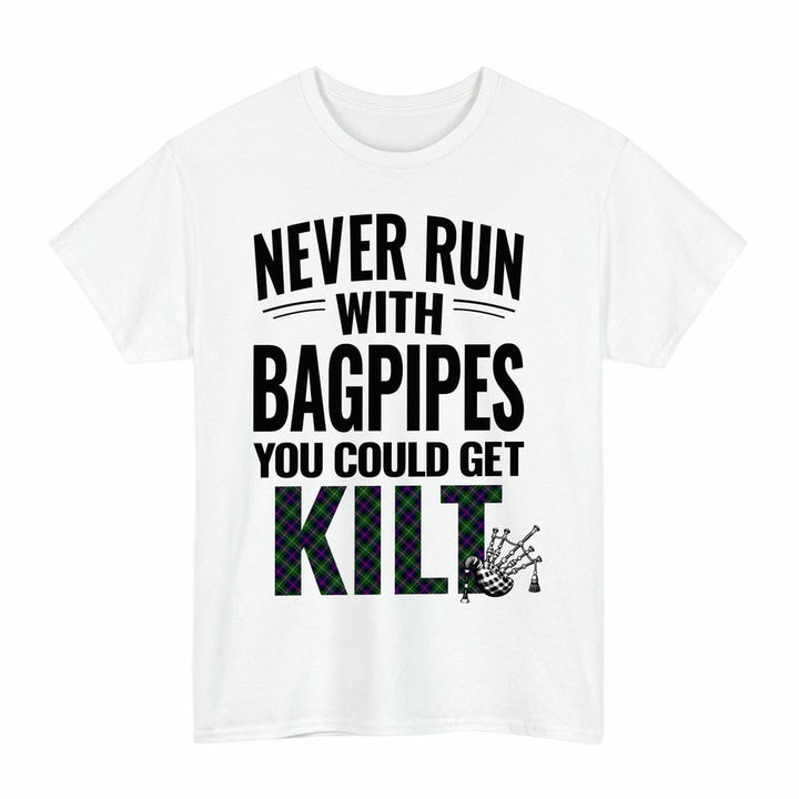 Scottish Malcolm Modern Clan Tartan Never Run With Bagpipes T-Shirt Tartan Plaid White Color