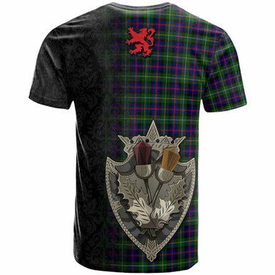 Scottish Malcolm Modern Clan Tartan T-Shirt - Half Thistle Flowers Celtic Design Back Side Tartan Plaid