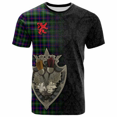 Scottish Malcolm Modern Clan Tartan T-Shirt - Half Thistle Flowers Celtic Design Front Side Tartan Plaid