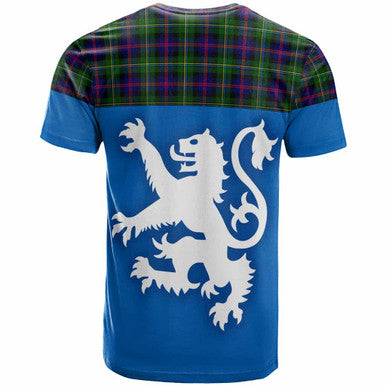 Scottish Malcolm Modern Clan Tartan T-Shirt - Lion Rampant of Scotland With Flag Back Side Tartan Plaid