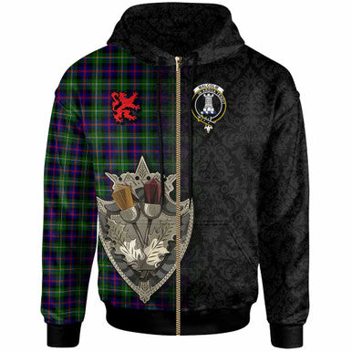 Scottish Malcolm (or MacCallum) Clan Crest Tartan Hoodie - Half Thistle Flowers Celtic Design Zip-up Tartan Plaid