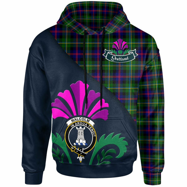 Scottish Malcolm (or MacCallum) Clan Crest Tartan Hoodie - Scotland Thistle Style Front Side Tartan Plaid