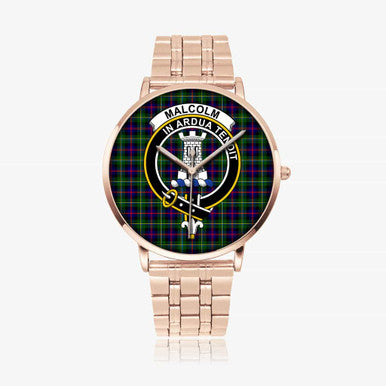 Scottish Malcolm (or MacCallum) Clan Crest Tartan Instafamous Steel Quartz Watches Tartan Plaid Rose Gold 1